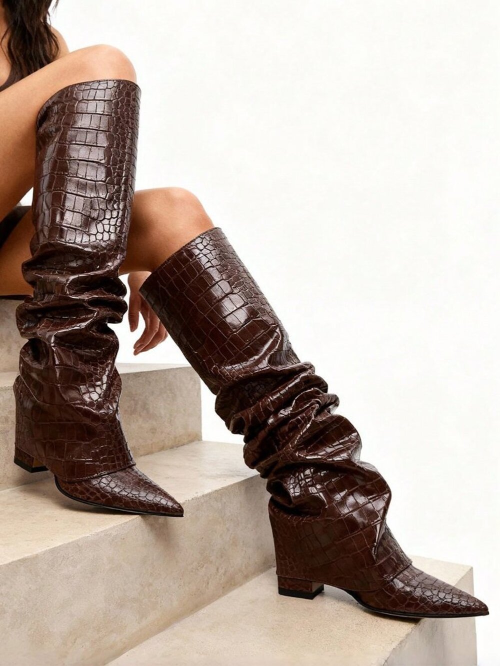Brown Texture Punk Women's Knee High Fold Over Slouchy Chunky High Heels boots - Picture 11 of 11